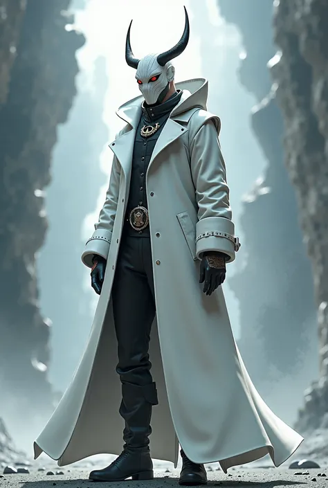 a man with white ushanka,a mask with horn and eyes,long white coat,leather collar,anime style