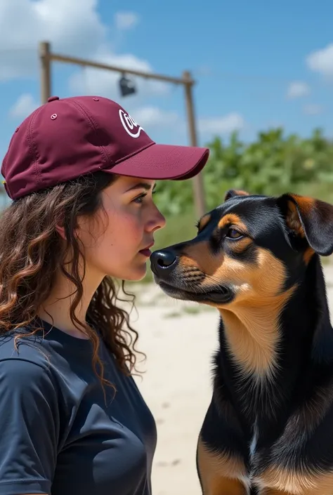 On the photo,  we see a woman and a dog exchanging an intense and connected look in a beach environment.  

### ** Details of the Woman :**  
- **Hair:** curly, long and wet ,  falling on the shoulders and part of the face .  
- **face:**  serious and focu...