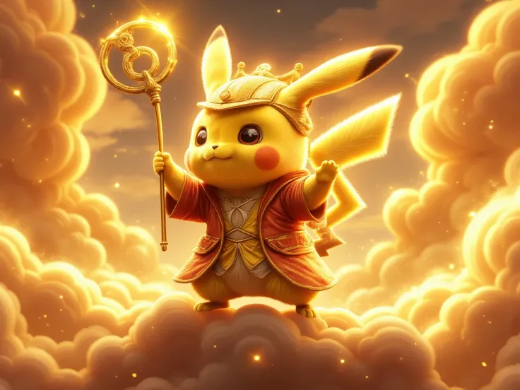 Pikachu wears Sun Wukong's clothes, holds a golden hoop in his hand, and steps on a somersault cloud.
