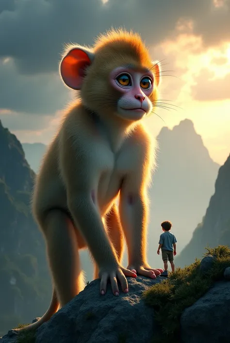 Create a stunning fantasy scene featuring a giant pig-tailed macaque calf with big, glowing eyes, standing amidst misty mountains. Its fur is soft with a golden brown color, and its expression is a mix of curious and friendly. In front of him, a tiny human...