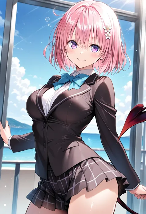   short hair 、 pink hair、 hair flower、 purple eyes、devil's tail、best quality ( best quality )、(Nonsense)、( very detailed)、( very beautiful way to hold ) information best quality 、 Ultra-fine、Most HD、 very detailed、masterpiece、 best quality 、{{ beautiful fa...