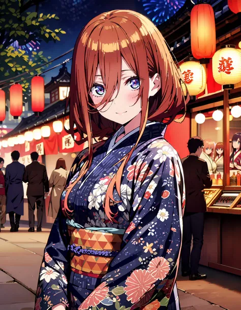 Nakano Future, Alone, long hair, bangs,  blue eyes,  brown hair,  long hair, bangs,  blue eyes,  brown hair,  hair between eyes ,smile,blush, legs ,Blue flower pattern kimono, side lock , long skirt ,日本のfestival,夏festivalの屋台, red lanterns,Fireworks in the ...