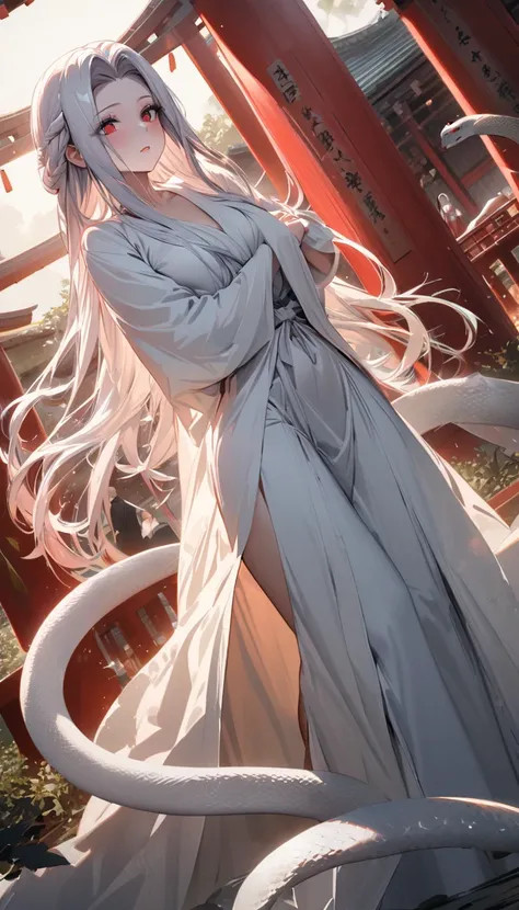 In the serene setting of a shrine a beautiful Medusa with flowing white snake hair stands gracefully, Her hair composed of countless fine white snakes sways elegantly some of the snake heads intertwining with her body, She is draped in a real white snake r...