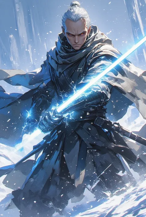 watercolor, ultra detailed beautiful anime, close up face, dynamic angle, dynamic pose, force lightning, full swing, In the midst of a winter battlefield stands the legendary Jedi Master. Though aged, his posture exudes unwavering authority. In his hand, h...