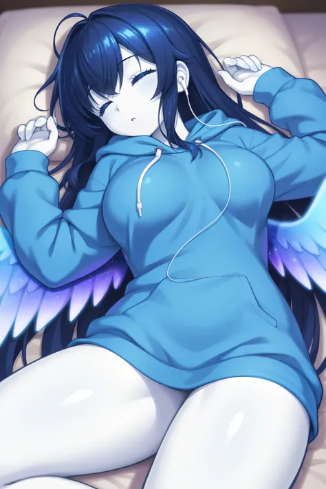  beautiful breasts、woman、 LONG FEATHER KITTEN、 Galaxy Wings  、   long dark blue hair、 eyes are blue like deep sea  、zitoida   、      HD  、 Super Fine、、   white skin、 bed、Straight face、、 loose hoodie 、 sleeping、Earphones、 best thighs、blue komodo dragon