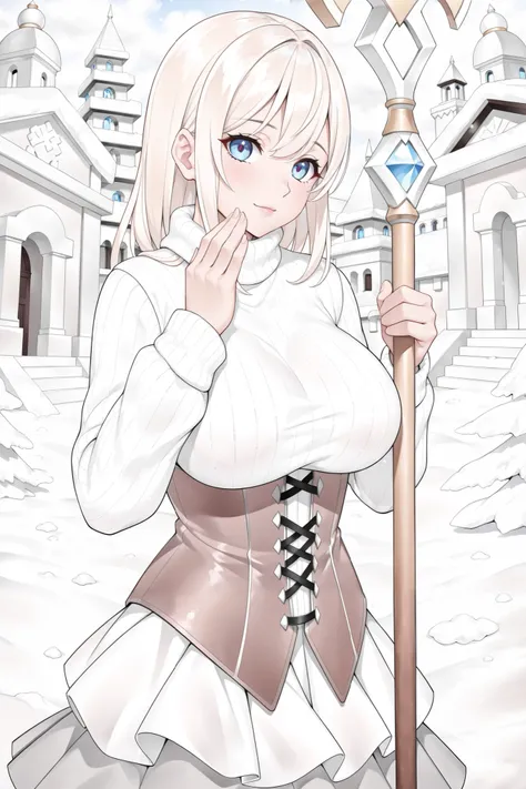 Mature woman, Winter sweater, corset, long armored skirt, large breasts, fantasy, snowy temple background, praying pose, metal staff, blonde hair, bright blue eyes