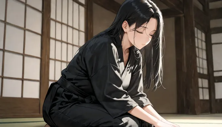 black hair, straight hair, [long hair], parted bangs, closed eyes, [serious], expressionless, black hakama pants, black dougi, seiza, mature female, solo, masterpiece, best quality, amazing quality, detailed background, intricate details