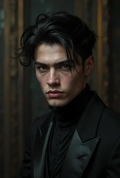 Handsome young vampire with innocent features, black hair, hazel eyes, wearing a black suit