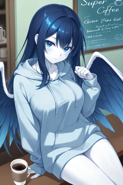  beautiful breasts、woman、 LONG FEATHER KITTEN、 Wings of God  、   long dark blue hair、 eyes are blue like deep sea  、zitoida   、      HD  、 Super Fine、、   white skin、  facing the front、Straight face、、 loose hoodie 、 drinking coffee、Cafe、cat