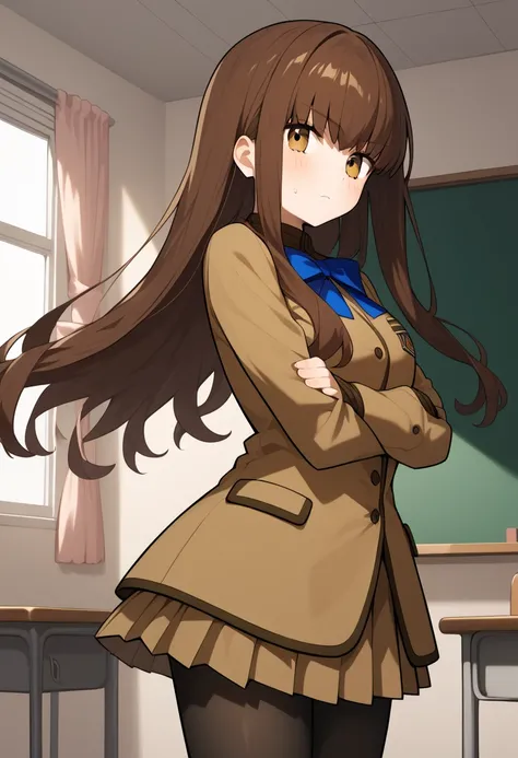  score_9,  score_8_ up the side,  score_7_ up the side,  score_6_ up the side,  score_5_ up the side,  score_4_ up the side,  source_Anime, ,  long hair,  brown hair,  brown eyes, chest,  school uniform,  blue ribbon,  brown jacket,   Long Sleeve  ,  pleat...