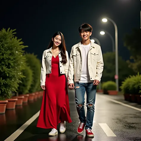 displays a very detailed real photo, a beautiful young Korean couple with long hair, red dresses, white jeans jacket, and a handsome Korean man with neat short hair, Korean, white shirt, long ripped Pareasi jeans, red sneakers, standing while walking carri...