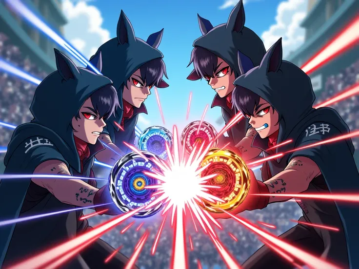 still image of a Beyblade fight between two team 5 dark silhouette of 5 hooded boy with kabuki mask 
Blue and black hair, scarlet eyes, sunglasses with a powerful aura around them, do an ancient technique with their wolf tops that advance very quickly in T...