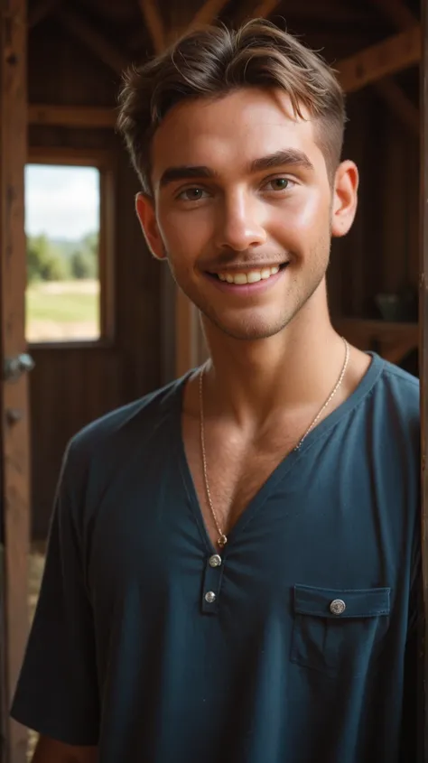 A smiling young man wearing casual clothes on a farm, Pixar style, cinematic,  masterpiece, haute aesthetics , realistic , portrait