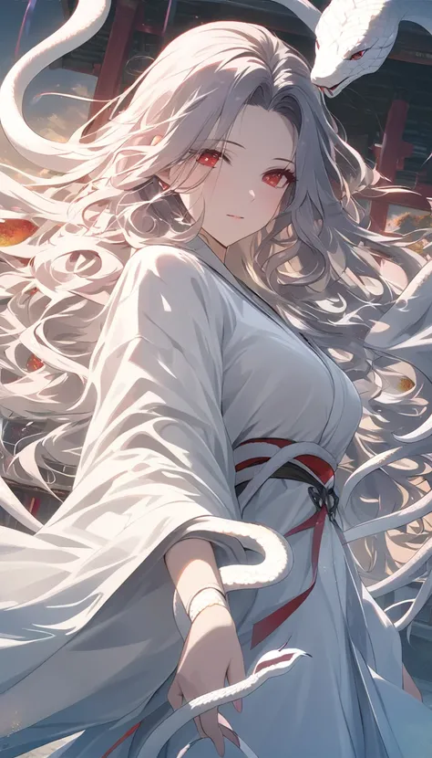 In the serene setting of a shrine a beautiful Medusa with flowing white snake hair stands gracefully, Her hair composed of countless fine white snakes sways elegantly some of the snake heads intertwining with her body, She is draped in a real white snake r...