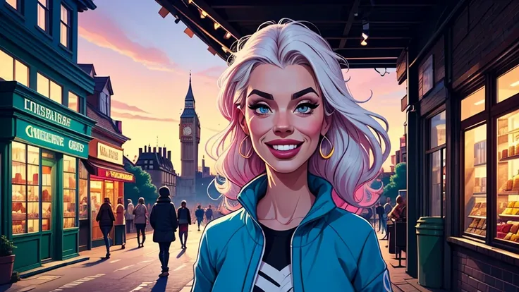 creates a background image of a London. In the street there are people, shops and in the background you can see The Eye of London. The image is very happy and fun. Stunning digital illustration, Highly detailed 4k digital art, Beautiful digital artwork, vi...