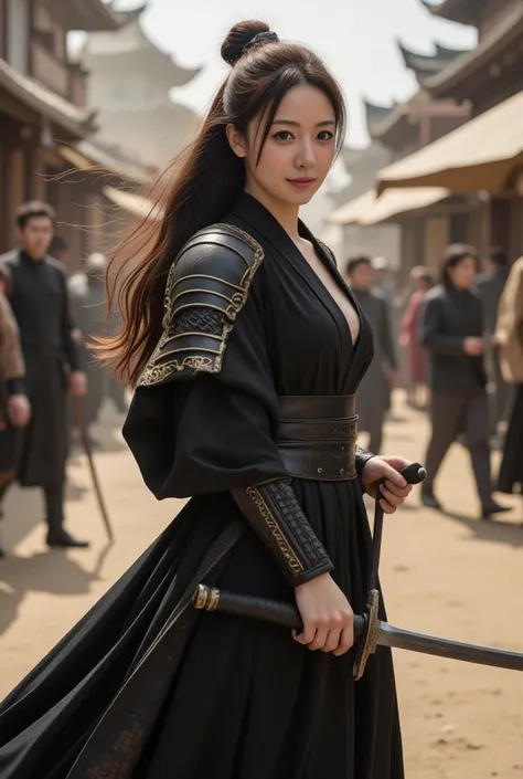 A fierce and elegant asian female warrior standing confidently in a bustling ancient marketplace. She is wearing a flowing black battle robe with intricate gold accents and a fitted waist, exuding both strength and grace. Her outfit features armored should...