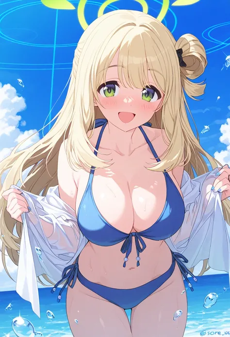 Nonomi Izayoi (Sixteenth Night Flea) Blue Archive ( blue archives),(1girl bikini ocean watersplash bubble）best quality ( best quality )、(Nonsense)、( very detailed)、( very beautiful way to hold ) information best quality 、 Ultra-fine、Most HD、 very detailed、...