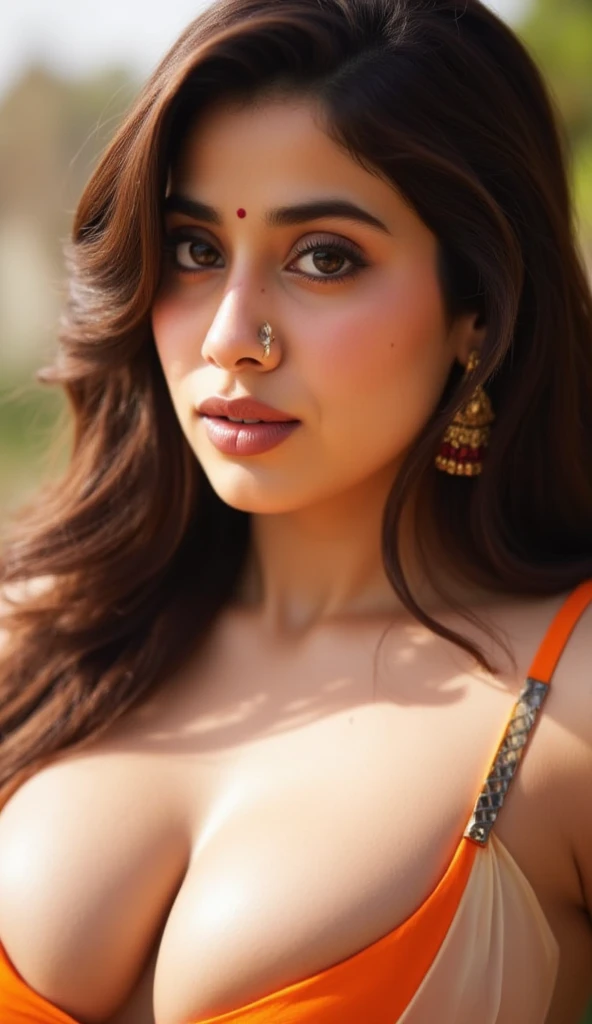 A close-up portrait of a Sexy Indian voluptuous bhabhi with dark brown hair, a warm, light beige/tan complexion;  she wears traditional Indian jewelry, including a nose ring and earrings,  with a light, natural makeup look; the image has a soft focus with ...