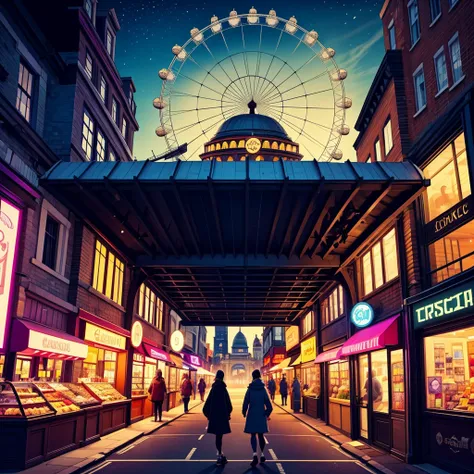 creates a background image of a London. In the street there are people, shops and in the background you can see The London Eye . The image is very happy and fun. Stunning digital illustration, Highly detailed 4k digital art, Beautiful digital artwork, vibr...