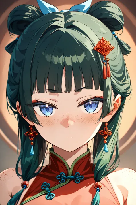 NSFW, Masterpiece, top quality, high resolution, very detailed,maomao、 long hair、bangs、 blue eyes、 hair ornament、 green hair、鈍いbangs、Freckles、 bun hair、 single bun, china dress