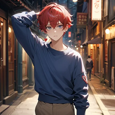  Masterpiece、 top quality、 More Details、 high resolution，16k, Semi-realistic art,Age 19,male,red hair, puppet, bags under eyes, scrawny, Alone, center part
droopy eyes, knit,Jacket, navy blue slim-fit chinos, put hands on hips,hand in own hair, very short ...