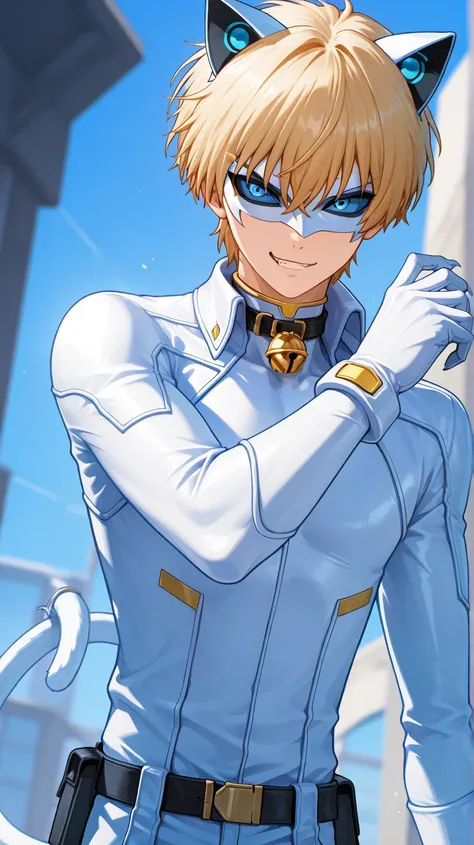 white domino masked men anime,solo, 1boy,full eye mask, mask,1boy, fair skin,hush_middy, glove,uniform,white body suit,face focus,mysterious grin,fang out, bell, white leather suit, belt tail, blue eyes,blue sclera,broad shoulders, white hero mask, white c...