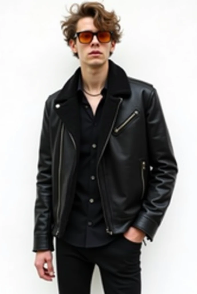 A 20-year-old white man with frizzy hair wearing black pants, d’une chemise noire, d’une cravate en laine noire, In a black leather jacket ,  with black sunglasses with orange lenses .  He has a proud and cold posture . Tout ça sur fond blanc 