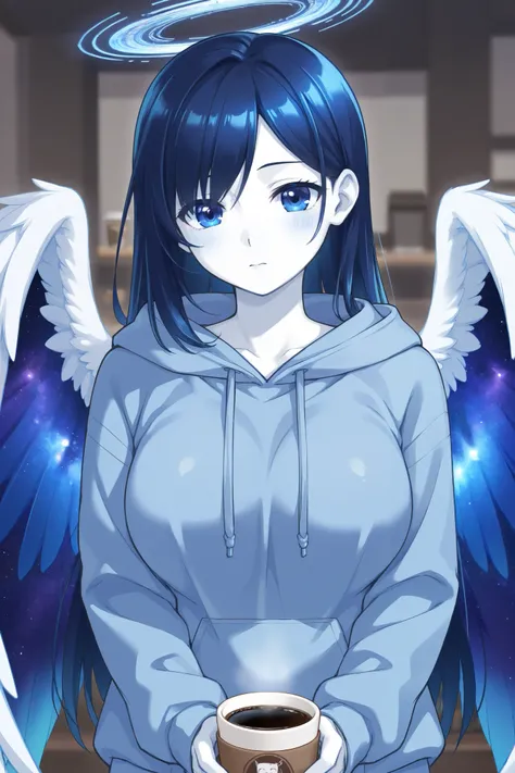  beautiful breasts、woman、 LONG FEATHER KITTEN、 Galaxy Wings  、   long dark blue hair、 eyes are blue like deep sea  、zitoida   、      HD  、 Super Fine、、   white skin、  facing the front、Straight face、、 loose hoodie 、 drinking coffee、Cafe