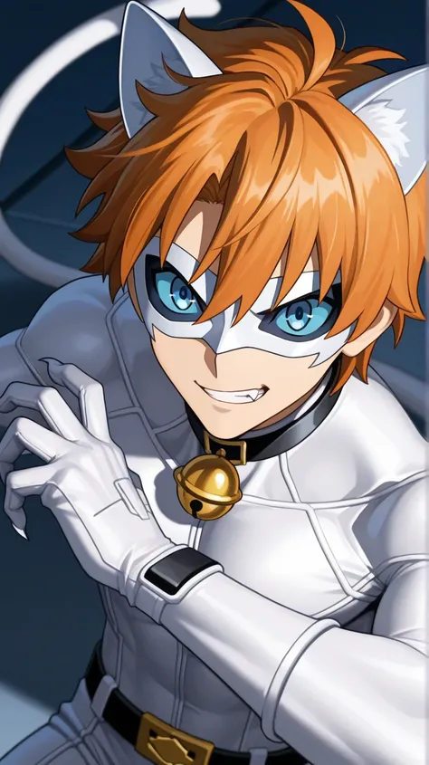 white domino masked men anime,solo, 1boy,full eye mask, mask,1boy, fair skin,hush_middy, glove,uniform,white body suit,face focus,mysterious grin,fang out, bell, white leather suit, belt tail, blue eyes,blue sclera,broad shoulders, white hero mask, white c...