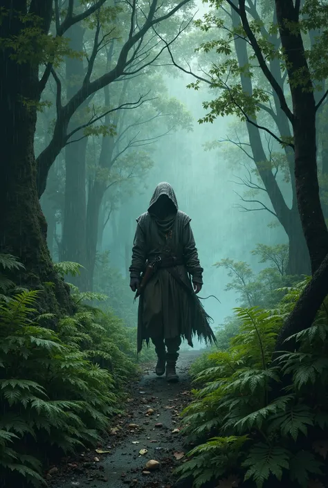 The traveler walking in the rain in a forest