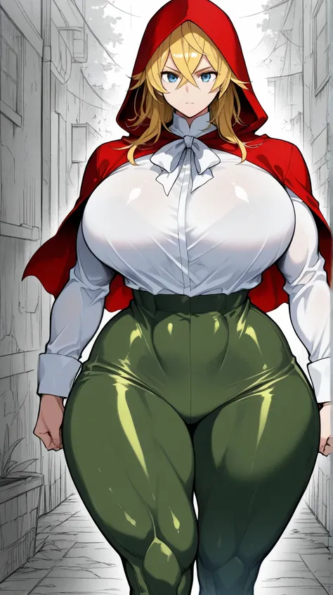 Grimm, strong woman, blonde, yellow hair, muscular, big, red hood, blue eyes, handsome, serious, white shirt, long sleeve, blouse, thight leggings, green jeans, tight jeans, boots, beauty, masterpiece, high quality, (best quality:1.1), thick thighs, wide h...