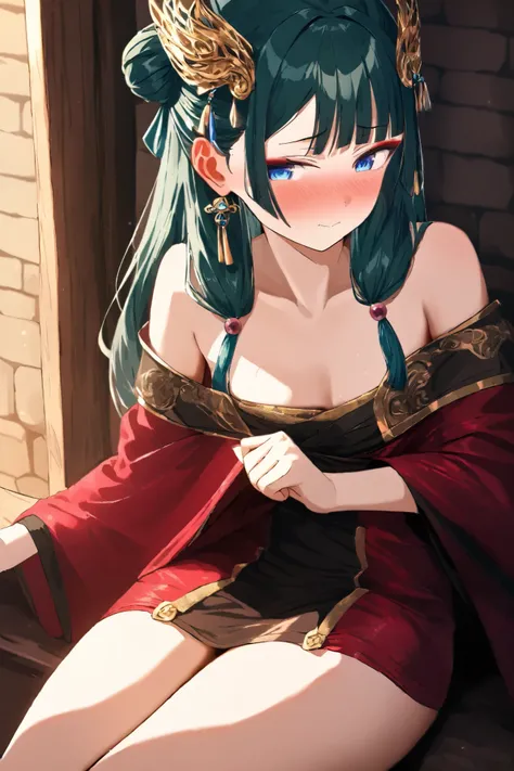 NSFW, Masterpiece, top quality, high resolution, very detailed,maomao、 long hair、bangs、 blue eyes、 hair ornament、 green hair、鈍いbangs, eyeliner, lip gloss, bun hair、 single bun,High-quality dress, miniskirt, off the shoulder ,Embarrassed,blush,Brothel