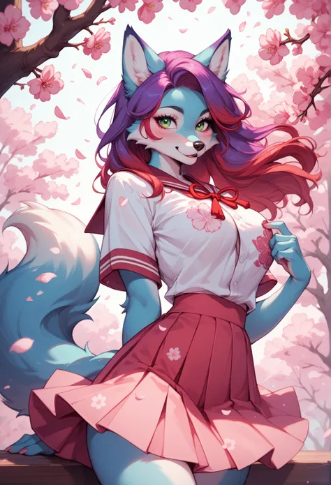 female furry, booty skirt, fox wolf furry, sexy, light white pastel blue fur, purple hair, red hair tips, green eyes, medium breast, japanese school girl outfit, cherry blossom, and love notes, blushing