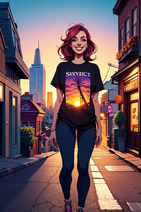 creates a background image of San Francisco. In the street there are people, shops and in the background you can see the sunset. The image is very happy and fun. Stunning digital illustration, Highly detailed 4k digital art, Beautiful digital artwork, vibr...