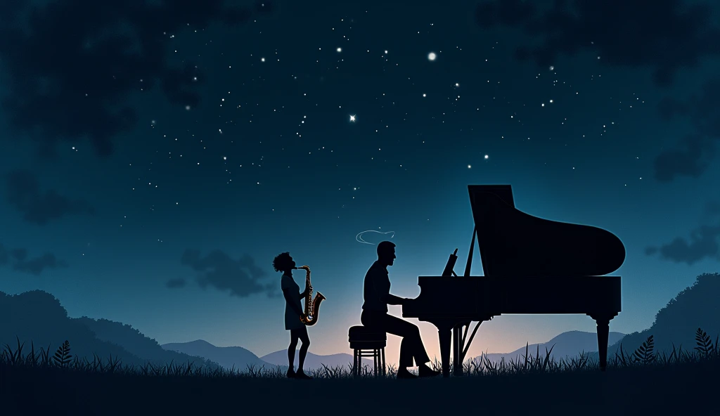 A starry night, Where there is a piano and a saxophone