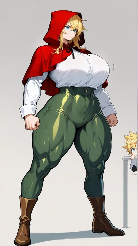 Grimm, strong woman, blonde, yellow hair, muscular, big, red hood, blue eyes, handsome, serious, white shirt, long sleeve, blouse, thight leggings, green jeans, tight jeans, boots, beauty, masterpiece, high quality, (best quality:1.1), thick thighs, wide h...