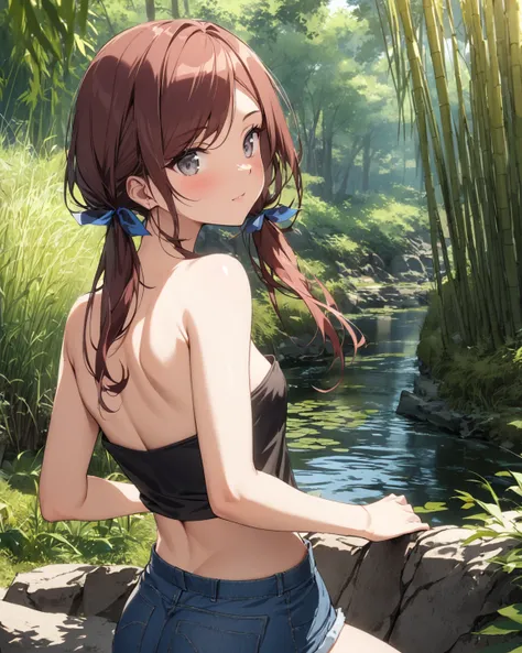 score_9, score_8_up, score_7_up, 1girl, solo, close up, back view, ass, hiking up steep hill, low twin tails, gray eyes, dark red hair,  (((long swept bangs))), thin, close up, small breasts, (((strapless))), ((strapless loose sleeveless shirt, black shirt...