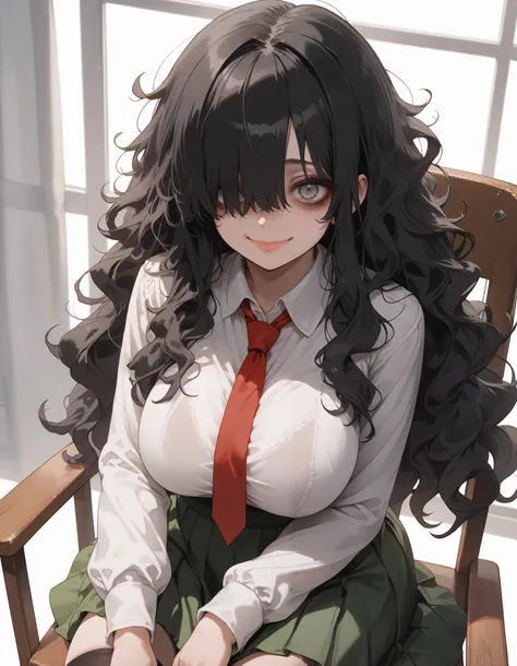 A voluptous female with long black hair, wavy hair, messy hair, grey eyes, sitting on a chair, scary eyes, sanpaku, bags under eyes, white blouse, green skirt, red tie, school uniform, black stockings, warm lighting, school class background, after classes,...