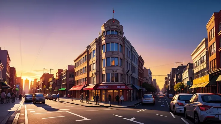 creates a background image of San Francisco. In the street there are people, shops and in the background you can see the sunset. The image is very happy and fun. Stunning digital illustration, Highly detailed 4k digital art, Beautiful digital artwork, vibr...