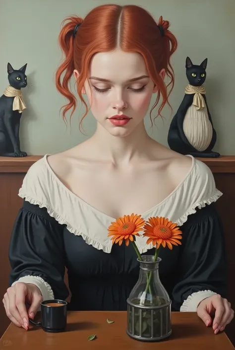 Prompt: Oil painting is a pictorial portrait in a style reminiscent of magical realism. In the center of the painting is a beautiful big breast young woman with red hair gathered in two pigtails. She is dressed in a black dress with a white collar and cuff...