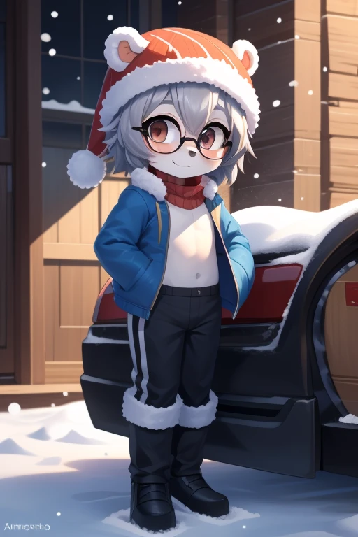 Fruy Shoot, young, polar bear, gray hair, thorny hair, in the form of a thorny short horse, joint body, brown eyes, winter blue jacket, open clothes, black pants, snow hat with ear covers, ice glasses, glasses, plate Wonderful art, look at you, white body ...