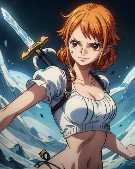 (最高 Masterpiece,  top quality, 4K, 8k,  high resolution, Masterpiece:1.2), Nami in One Piece,smile,( paladin),Miracle,Power Spot, fantastic world, White Light Spot,(Holy Sword), She's on an adventure to defeat the Demon King, is a master of sword skills,(C...