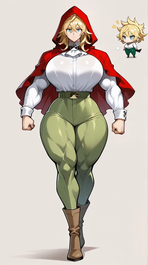 Grimm, strong woman, blonde, yellow hair, muscular, big, red hood, blue eyes, handsome, serious, white shirt, long sleeve, blouse, tight leggings, green jeans, tight jeans, boots, beauty, masterpiece, high quality, (best quality:1.1), thick thighs, wide hi...