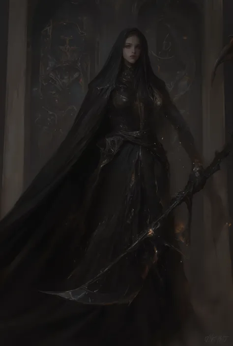 I want to make a female character dressed in black, It has a dark tone and ,  holds a scythe with the EM initials engraved on it on his right hand.