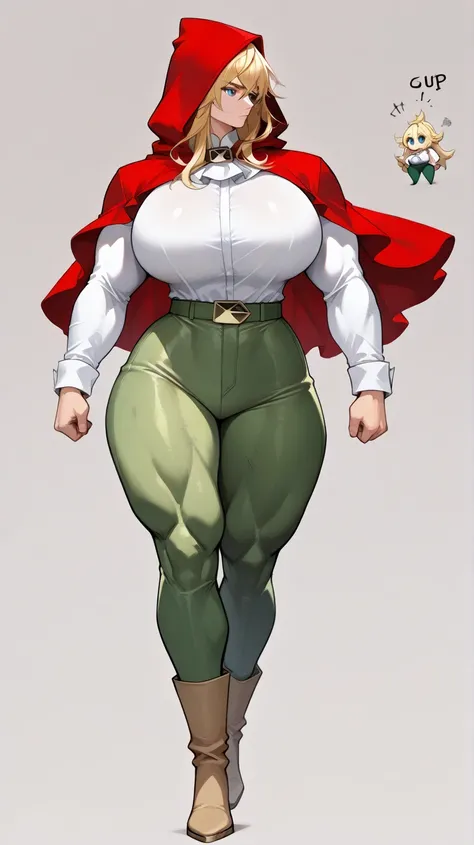 Grimm, strong woman, blonde, yellow hair, muscular, big, red hood, blue eyes, handsome, serious, white shirt, long sleeve, blouse, tight leggings, green jeans, tight jeans, boots, beauty, masterpiece, high quality, (best quality:1.1), thick thighs, wide hi...