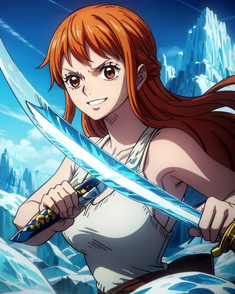 (最高 Masterpiece,  top quality, 4K, 8k,  high resolution, Masterpiece:1.2), Nami in One Piece,smile,( paladin),Miracle,Power Spot, fantastic world, White Light Spot,(Holy Sword), She's on an adventure to defeat the Demon King, is a master of sword skills,(C...