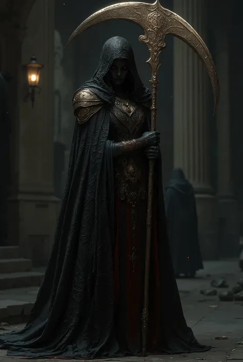 I want to make a female character dressed in black, It has a dark tone and ,  holds a scythe with the EM initials engraved on it on his right hand.