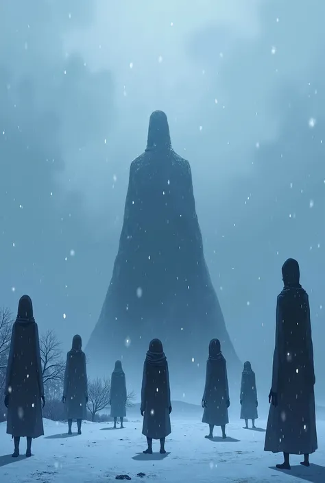 Make an anime-style tumb containing 6 dark figures of various shapes and a snowy environment behind 