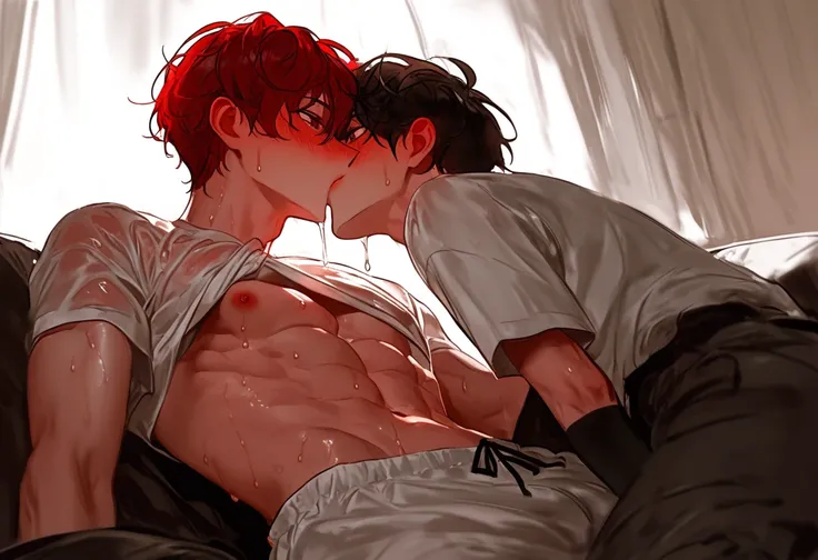 Two men，kiss，  dark red hair， from the room ，On the bed，fitness， sit-up position on a chair sofa，Leg perspective ，躺在On the bed，look up， Korean comic style ， young and full of energy， Good condition ，Very handsome脸瓜子脸， white t-shirt wet， reveals abs，  White...