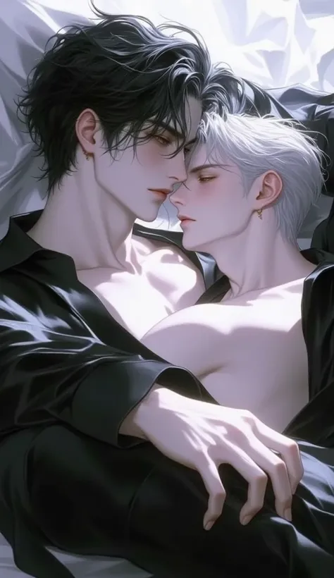 TWO MEN HAVING SEX GAY one with black hair and the other with white hair ANIME